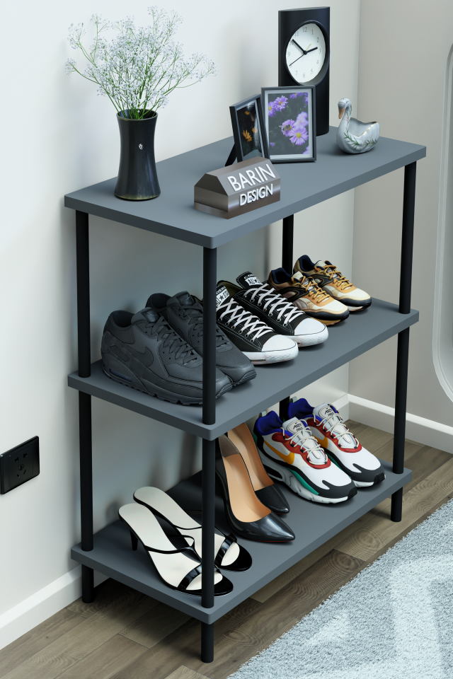 3 Katlı Ayakkabılık Raf - Çevir Tak Sistemli | Kolay Kurulum | Metal Gövde | Ahşap Raflı Organizer Antrasit