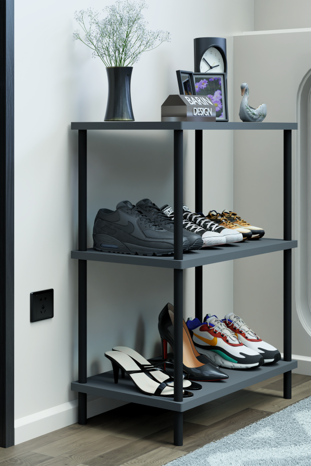 3 Katlı Ayakkabılık Raf - Çevir Tak Sistemli | Kolay Kurulum | Metal Gövde | Ahşap Raflı Organizer Antrasit