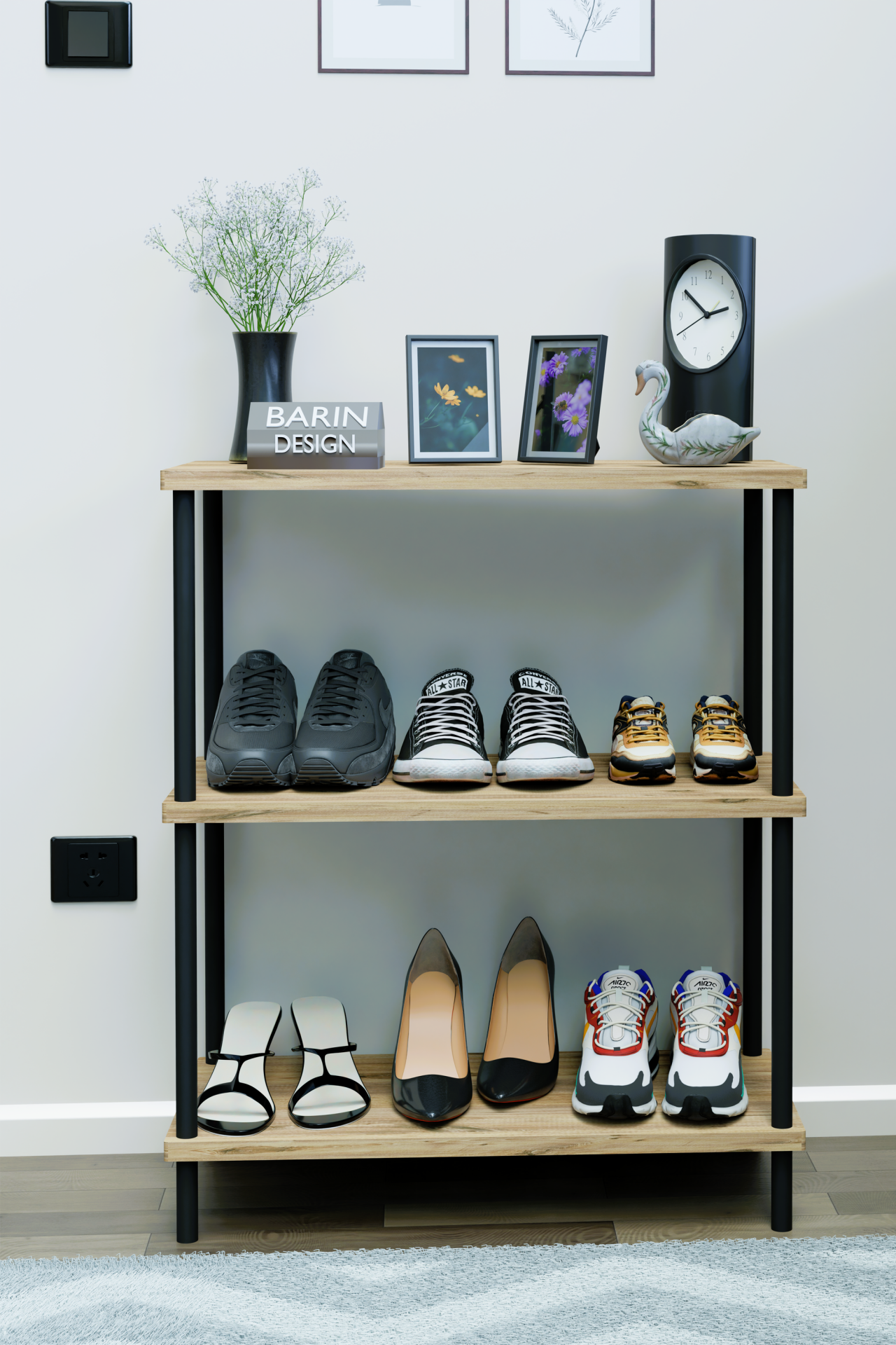 3 Katlı Ayakkabılık Raf - Çevir Tak Sistemli | Kolay Kurulum | Metal Gövde | Ahşap Raflı Organizer Atlantik Çam