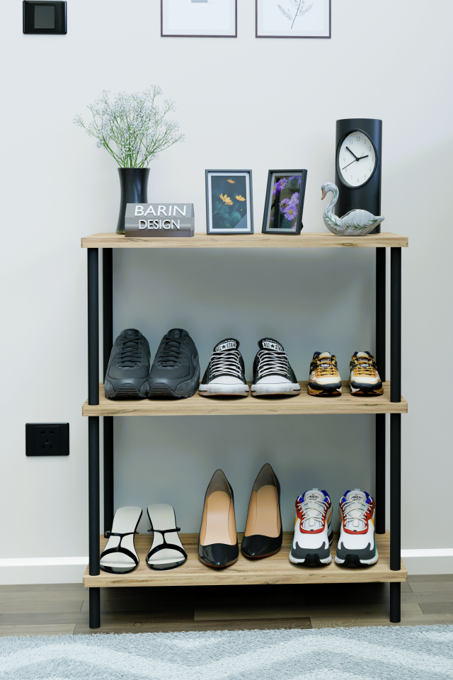 3 Katlı Ayakkabılık Raf - Çevir Tak Sistemli | Kolay Kurulum | Metal Gövde | Ahşap Raflı Organizer Atlantik Çam