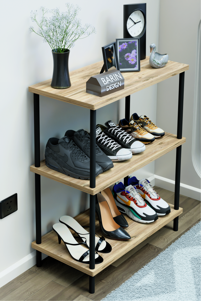 3 Katlı Ayakkabılık Raf - Çevir Tak Sistemli | Kolay Kurulum | Metal Gövde | Ahşap Raflı Organizer Atlantik Çam