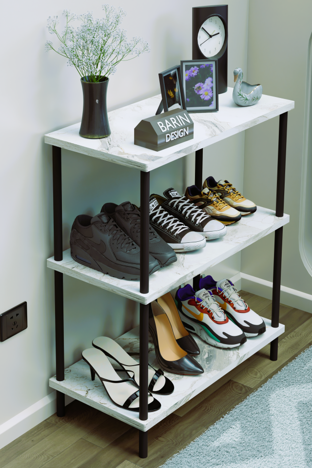 3 Katlı Ayakkabılık Raf - Çevir Tak Sistemli | Kolay Kurulum | Metal Gövde | Ahşap Raflı Organizer Beyaz Mermer
