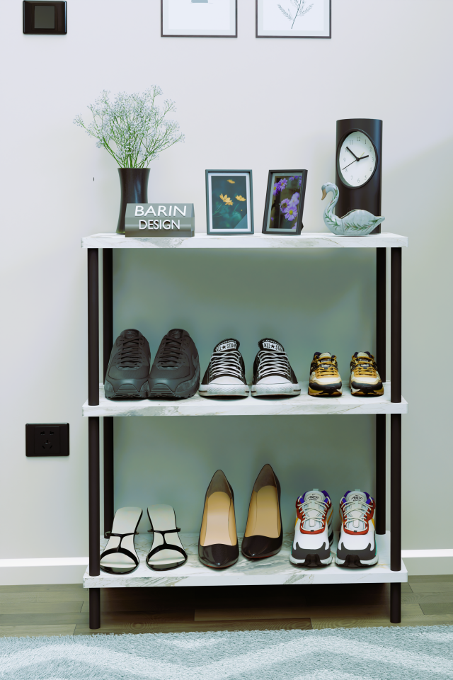 3 Katlı Ayakkabılık Raf - Çevir Tak Sistemli | Kolay Kurulum | Metal Gövde | Ahşap Raflı Organizer Beyaz Mermer