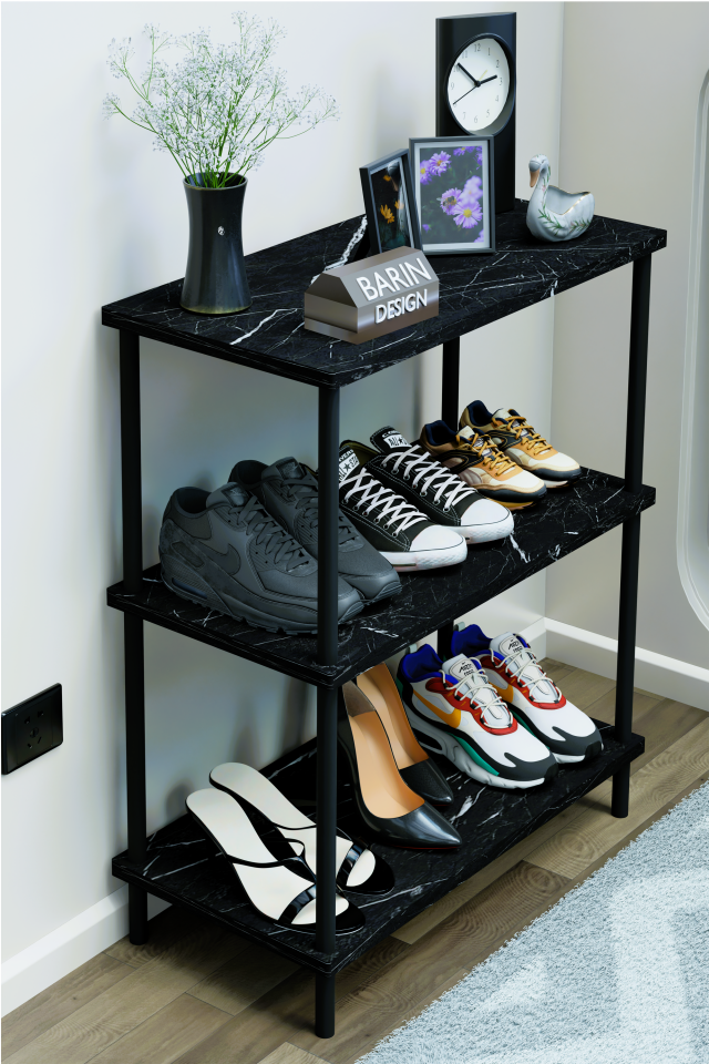 3 Katlı Ayakkabılık Raf - Çevir Tak Sistemli | Kolay Kurulum | Metal Gövde | Ahşap Raflı Organizer Siyah Mermer