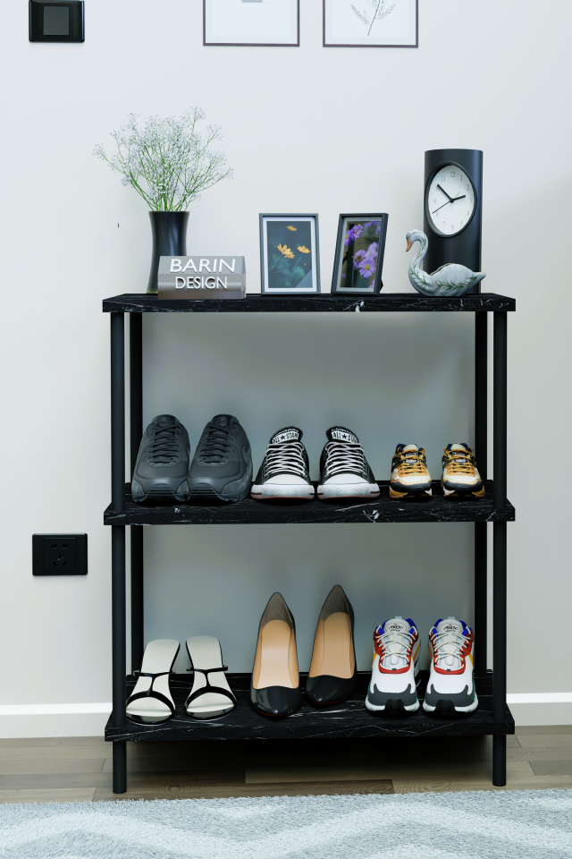 3 Katlı Ayakkabılık Raf - Çevir Tak Sistemli | Kolay Kurulum | Metal Gövde | Ahşap Raflı Organizer Siyah Mermer