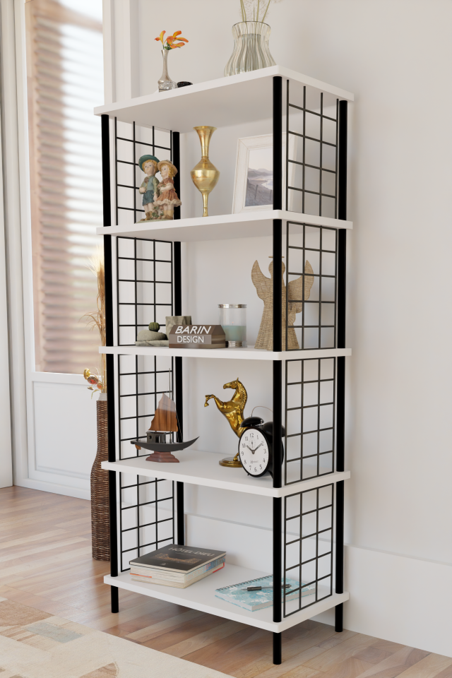 5 Raflı Telli Metal Kitaplık Salon,Ofis,Çalışma Odası Modern Düzenleyici Çevir Tak Kolay Kurulum Raf Beyaz