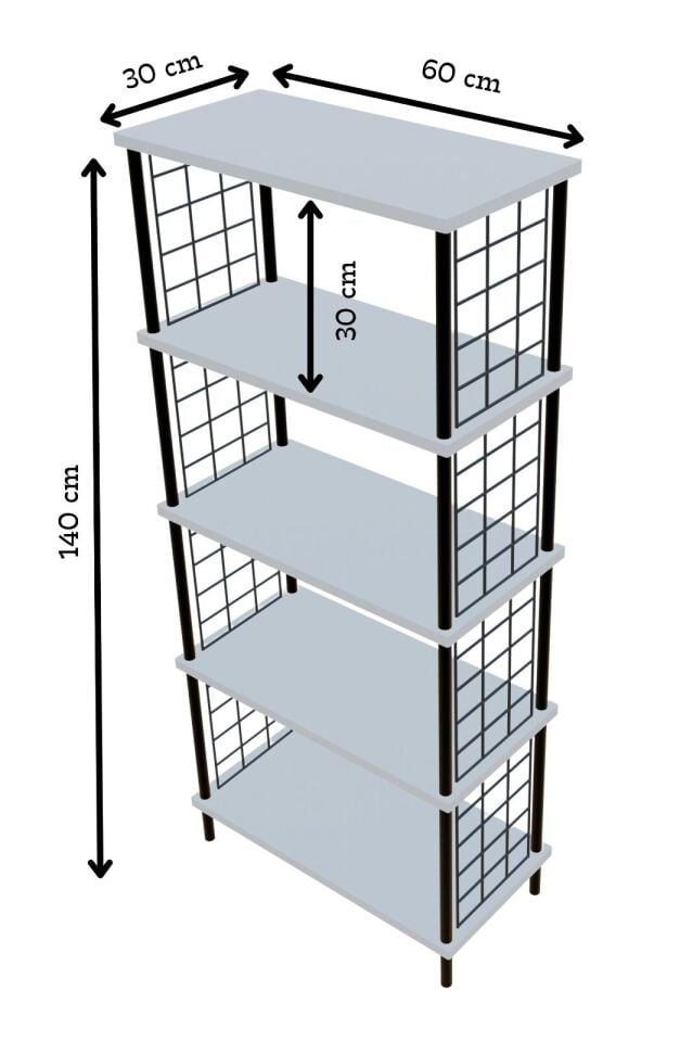 5 Raflı Telli Metal Kitaplık Salon,Ofis,Çalışma Odası Modern Düzenleyici Çevir Tak Kolay Kurulum Raf Antrasit