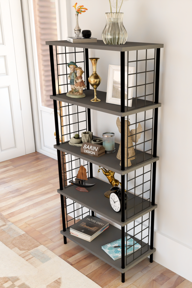 5 Raflı Telli Metal Kitaplık Salon,Ofis,Çalışma Odası Modern Düzenleyici Çevir Tak Kolay Kurulum Raf Antrasit