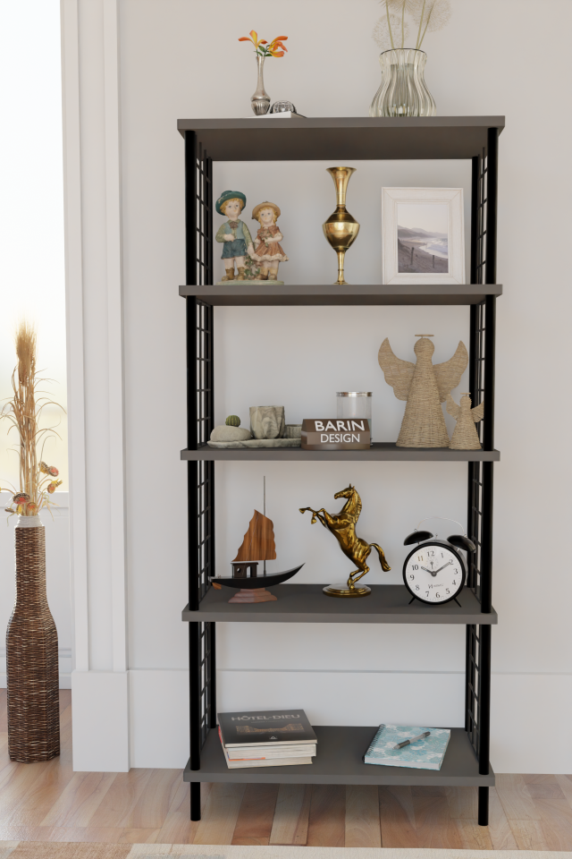 5 Raflı Telli Metal Kitaplık Salon,Ofis,Çalışma Odası Modern Düzenleyici Çevir Tak Kolay Kurulum Raf Antrasit