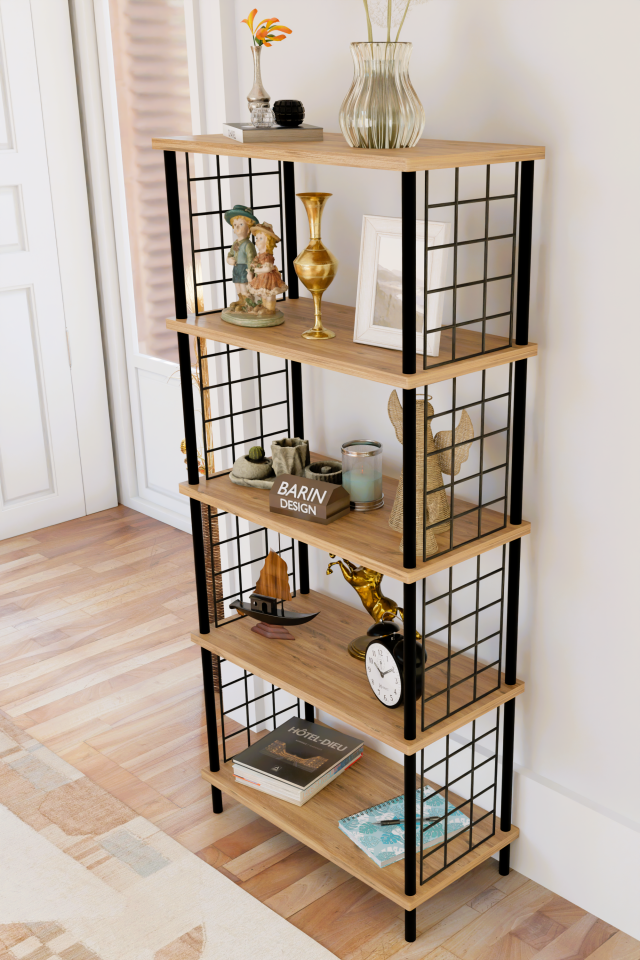 5 Raflı Telli Metal Kitaplık Salon,Ofis,Çalışma Odası Modern Düzenleyici Çevir Tak Kolay Kurulum Raf Atlantik Çam