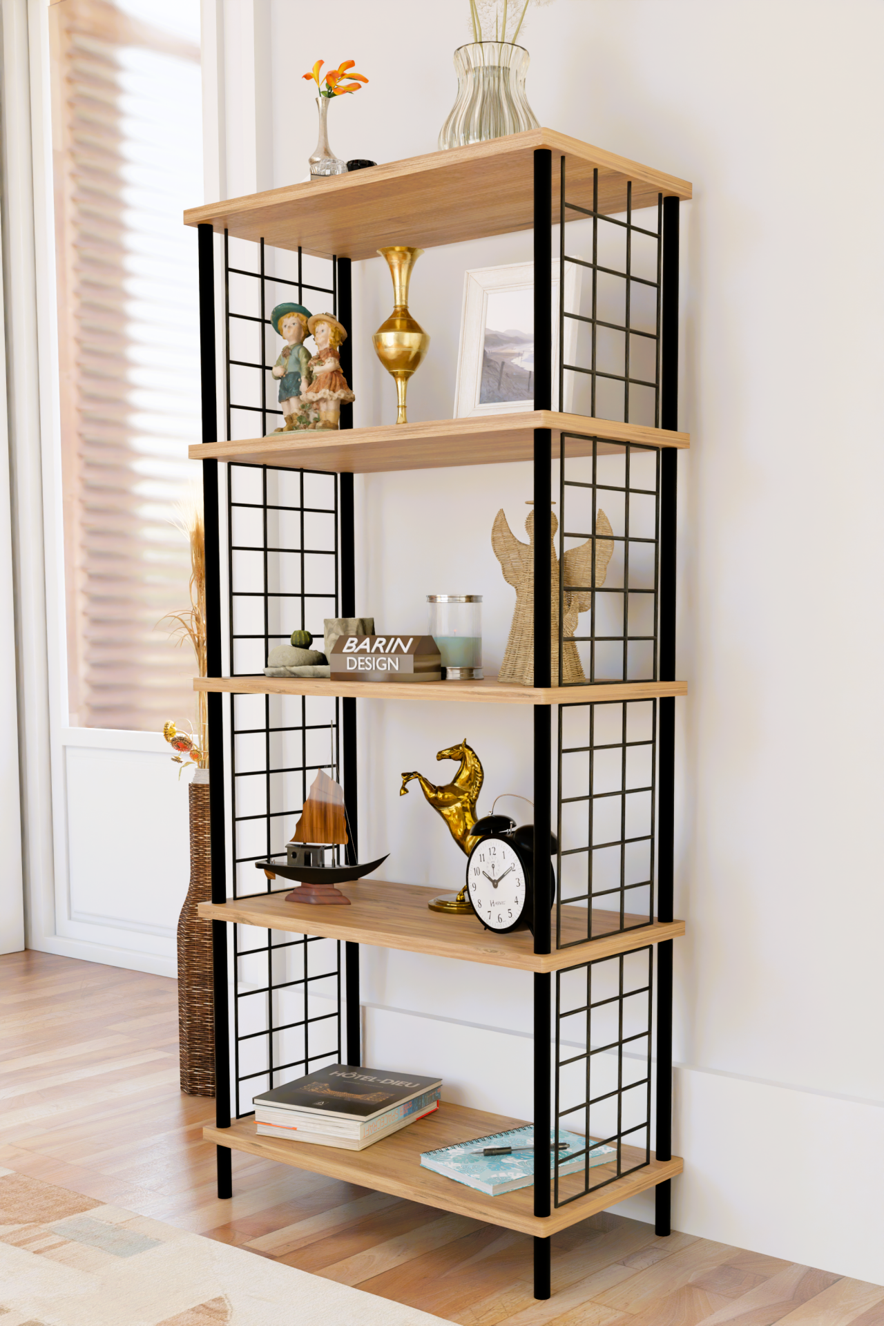 5 Raflı Telli Metal Kitaplık Salon,Ofis,Çalışma Odası Modern Düzenleyici Çevir Tak Kolay Kurulum Raf Atlantik Çam