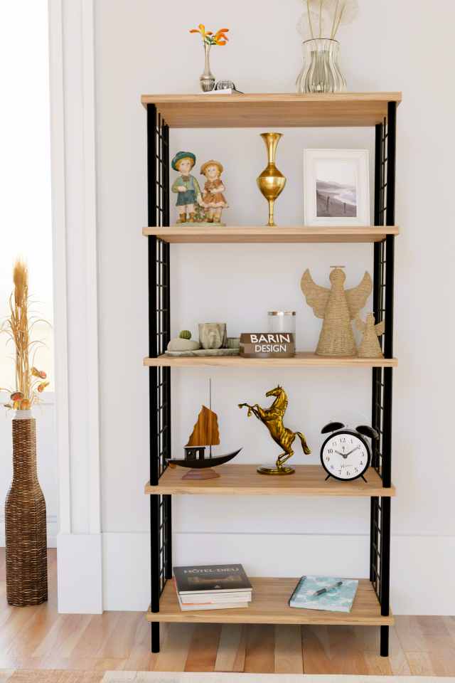 5 Raflı Telli Metal Kitaplık Salon,Ofis,Çalışma Odası Modern Düzenleyici Çevir Tak Kolay Kurulum Raf Atlantik Çam