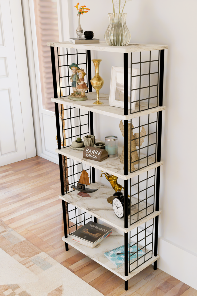 5 Raflı Telli Metal Kitaplık Salon,Ofis,Çalışma Odası Modern Düzenleyici Çevir Tak Kolay Kurulum Raf Beyaz Mermer