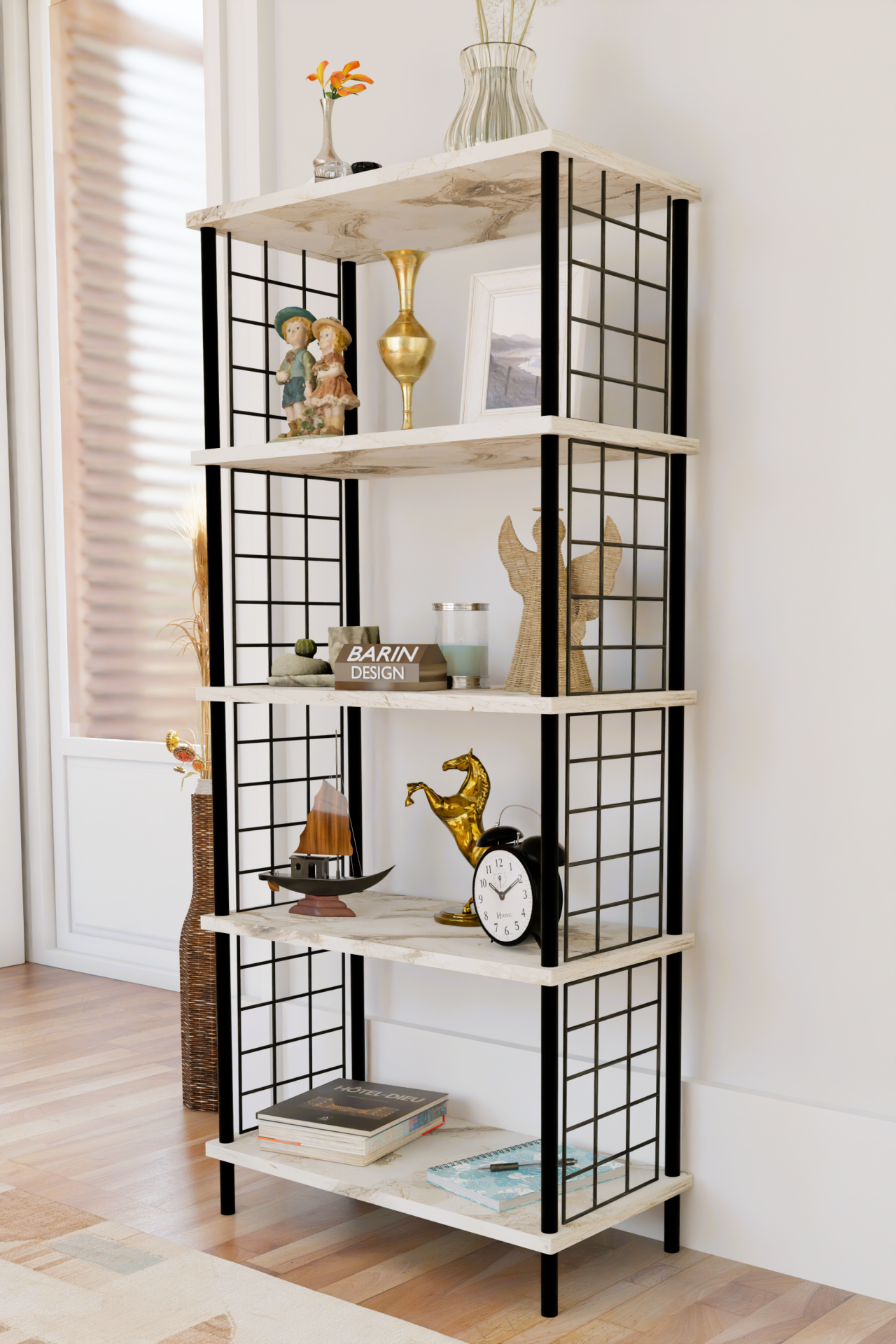 5 Raflı Telli Metal Kitaplık Salon,Ofis,Çalışma Odası Modern Düzenleyici Çevir Tak Kolay Kurulum Raf Beyaz Mermer