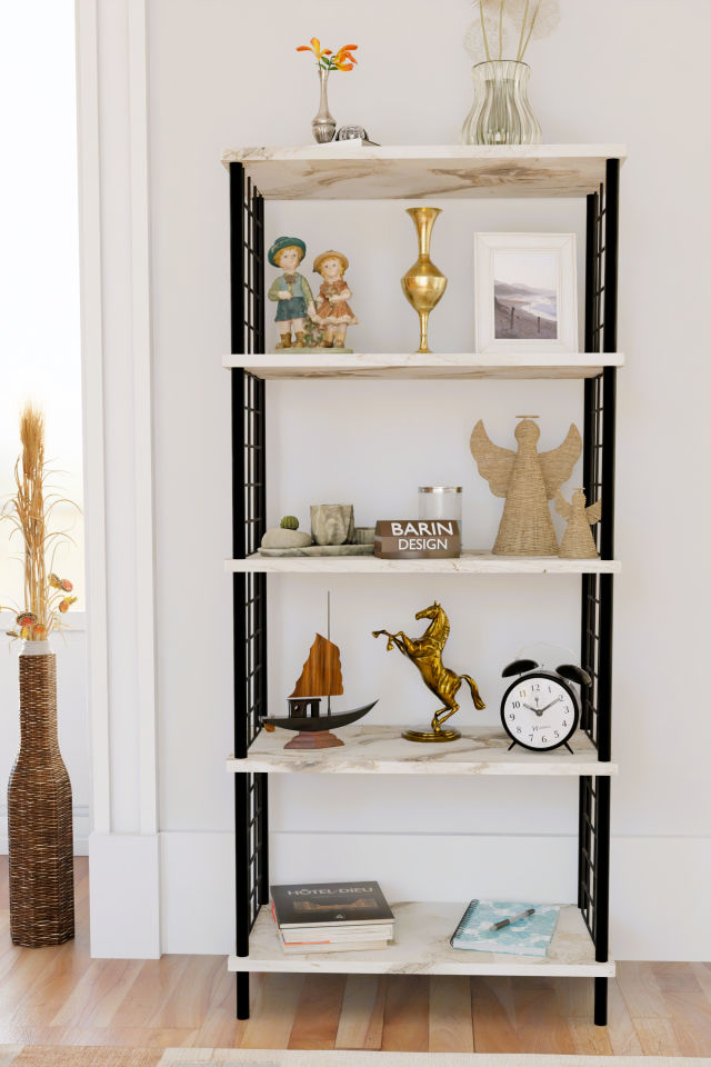 5 Raflı Telli Metal Kitaplık Salon,Ofis,Çalışma Odası Modern Düzenleyici Çevir Tak Kolay Kurulum Raf Beyaz Mermer