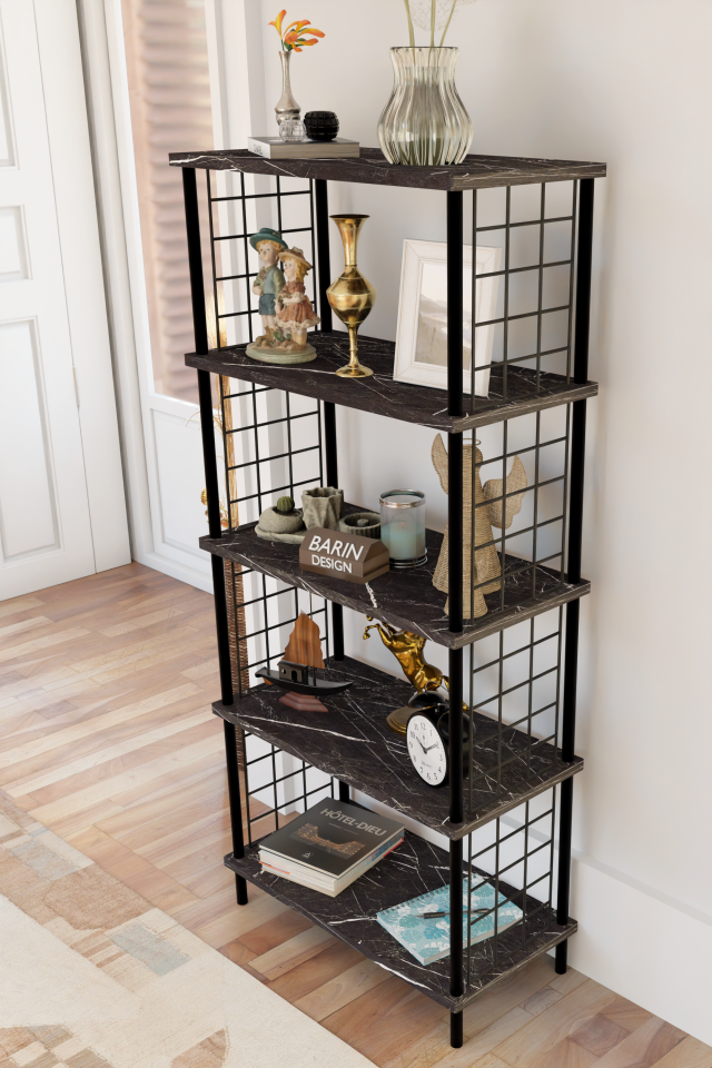 5 Raflı Telli Metal Kitaplık Salon,Ofis,Çalışma Odası Modern Düzenleyici Çevir Tak Kolay Kurulum Raf Siyah Mermer