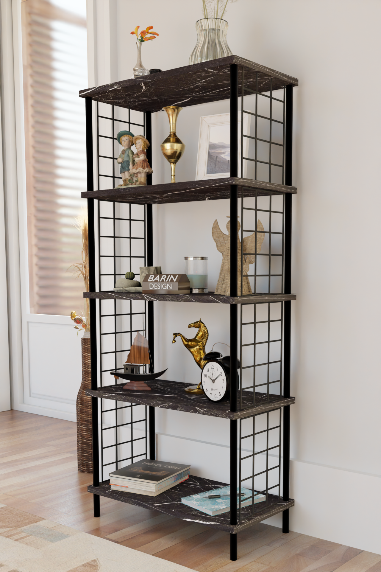 5 Raflı Telli Metal Kitaplık Salon,Ofis,Çalışma Odası Modern Düzenleyici Çevir Tak Kolay Kurulum Raf Siyah Mermer