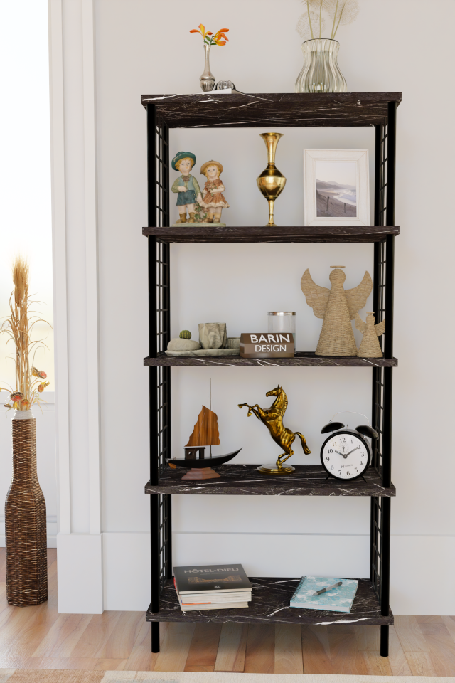 5 Raflı Telli Metal Kitaplık Salon,Ofis,Çalışma Odası Modern Düzenleyici Çevir Tak Kolay Kurulum Raf Siyah Mermer