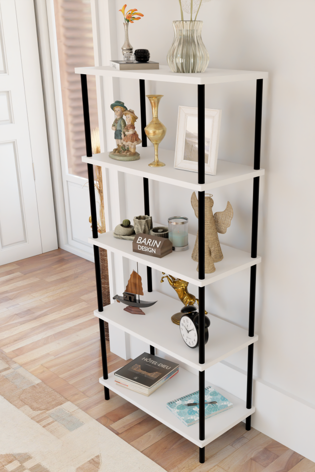 5 Raflı Modern Metal Gövdeli Kitaplık Çevir-Tak Kolay Kurulum Çalışma Odası, Salon, Ofis Kullanımı Beyaz