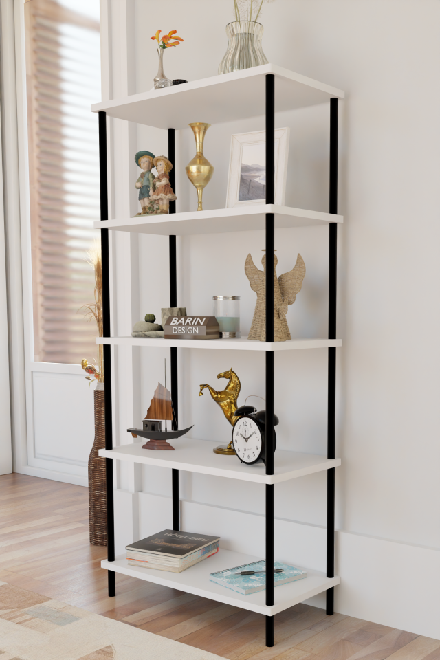 5 Raflı Modern Metal Gövdeli Kitaplık Çevir-Tak Kolay Kurulum Çalışma Odası, Salon, Ofis Kullanımı Beyaz