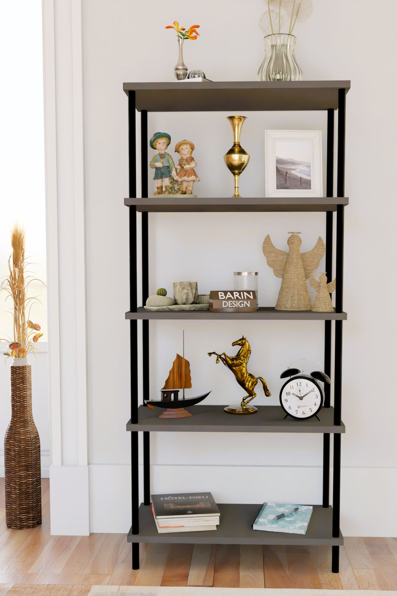 5 Raflı Modern Metal Gövdeli Kitaplık Çevir-Tak Kolay Kurulum Çalışma Odası, Salon, Ofis Kullanımı Antrasit