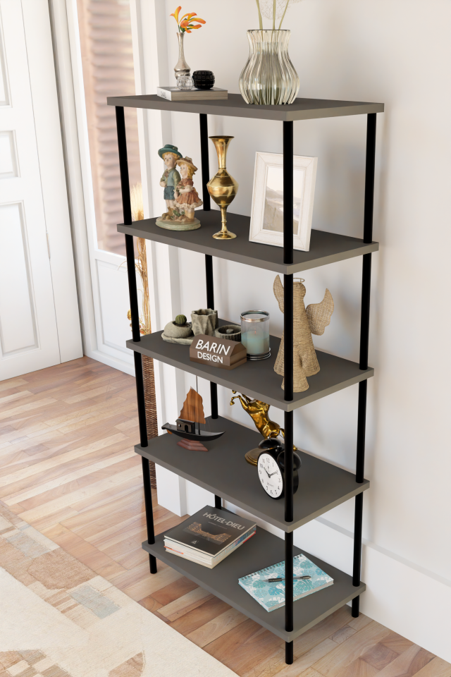 5 Raflı Modern Metal Gövdeli Kitaplık Çevir-Tak Kolay Kurulum Çalışma Odası, Salon, Ofis Kullanımı Antrasit