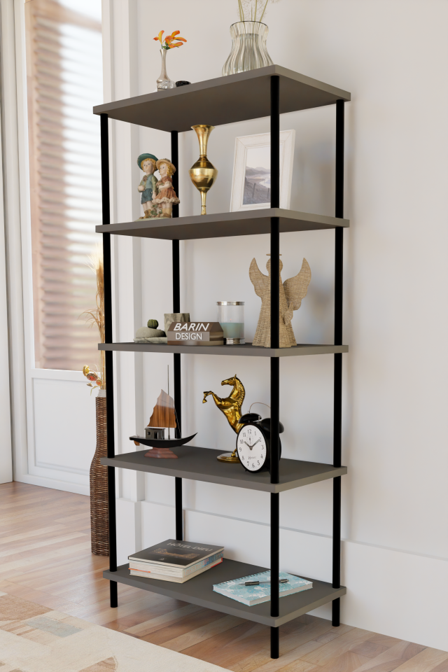 5 Raflı Modern Metal Gövdeli Kitaplık Çevir-Tak Kolay Kurulum Çalışma Odası, Salon, Ofis Kullanımı Antrasit