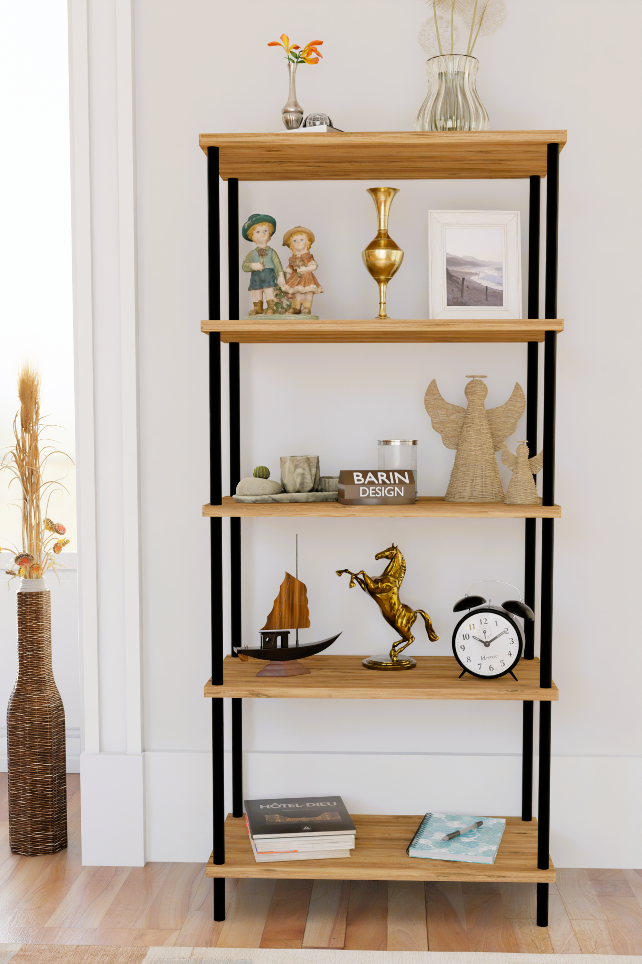 5 Raflı Modern Metal Gövdeli Kitaplık Çevir-Tak Kolay Kurulum Çalışma Odası, Salon, Ofis Kullanımı Atlantik Çam