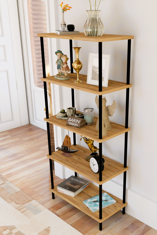 5 Raflı Modern Metal Gövdeli Kitaplık Çevir-Tak Kolay Kurulum Çalışma Odası, Salon, Ofis Kullanımı Atlantik Çam