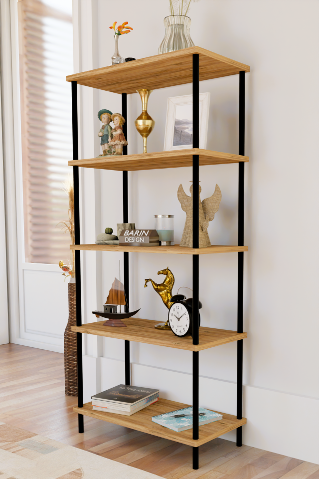 5 Raflı Modern Metal Gövdeli Kitaplık Çevir-Tak Kolay Kurulum Çalışma Odası, Salon, Ofis Kullanımı Atlantik Çam