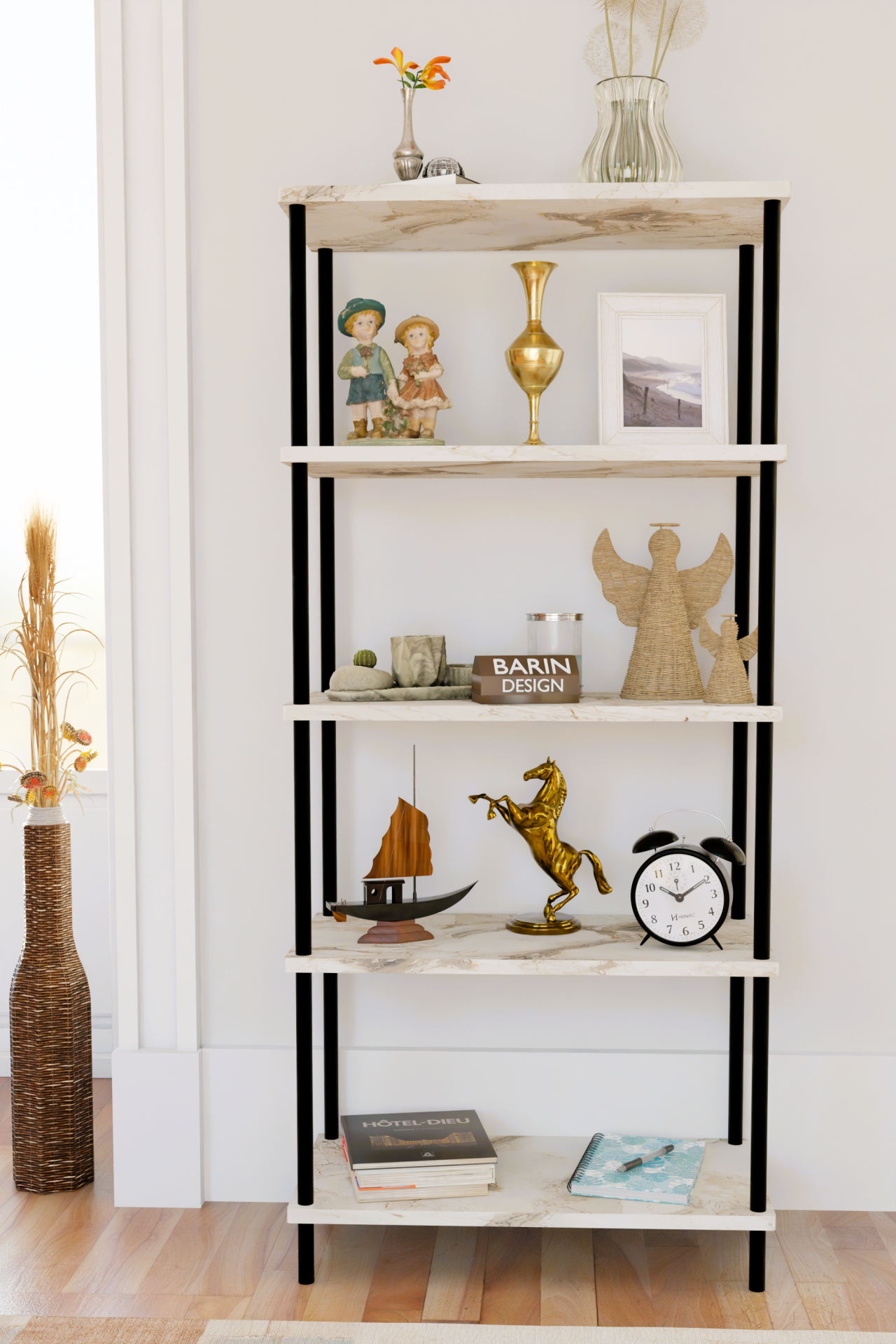 5 Raflı Modern Metal Gövdeli Kitaplık Çevir-Tak Kolay Kurulum Çalışma Odası, Salon, Ofis Kullanımı Beyaz Mermer