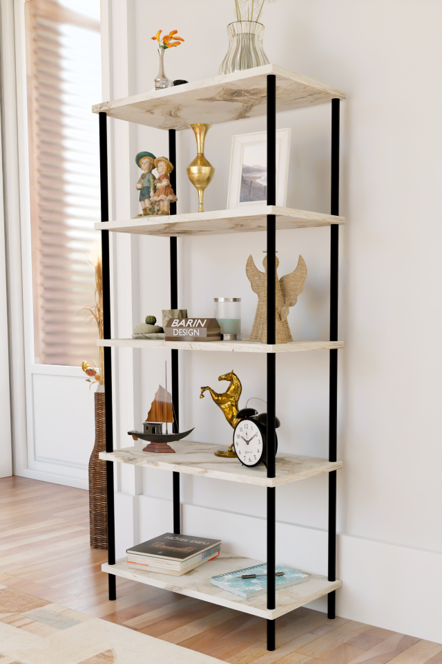 5 Raflı Modern Metal Gövdeli Kitaplık Çevir-Tak Kolay Kurulum Çalışma Odası, Salon, Ofis Kullanımı Beyaz Mermer