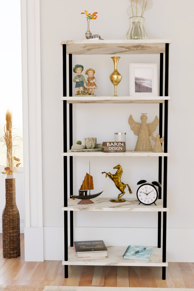 5 Raflı Modern Metal Gövdeli Kitaplık Çevir-Tak Kolay Kurulum Çalışma Odası, Salon, Ofis Kullanımı Beyaz Mermer