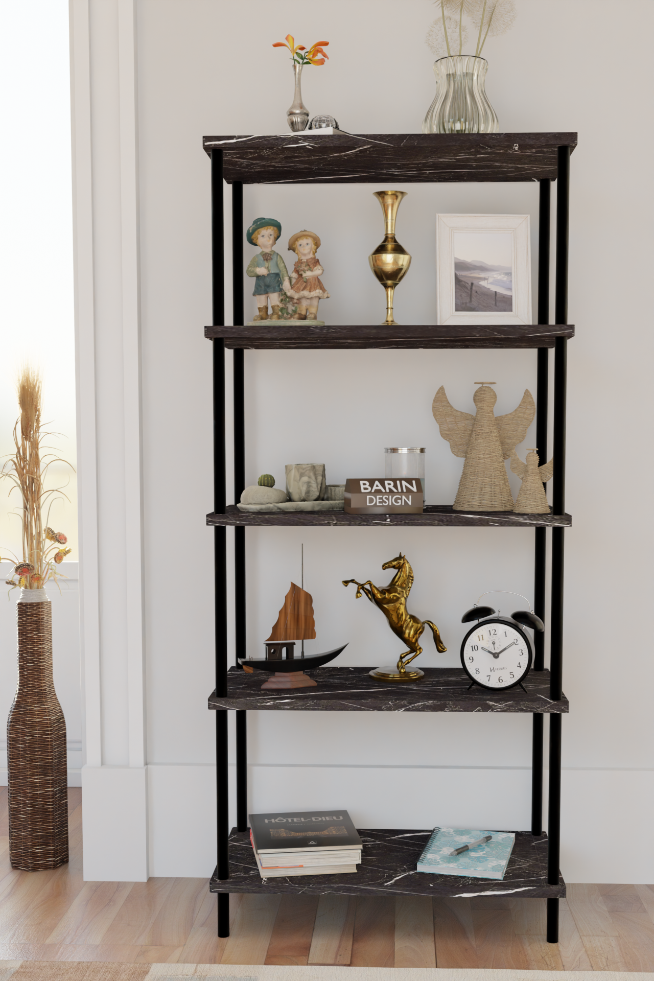 5 Raflı Modern Metal Gövdeli Kitaplık Çevir-Tak Kolay Kurulum Çalışma Odası, Salon, Ofis Kullanımı Siyah Mermer