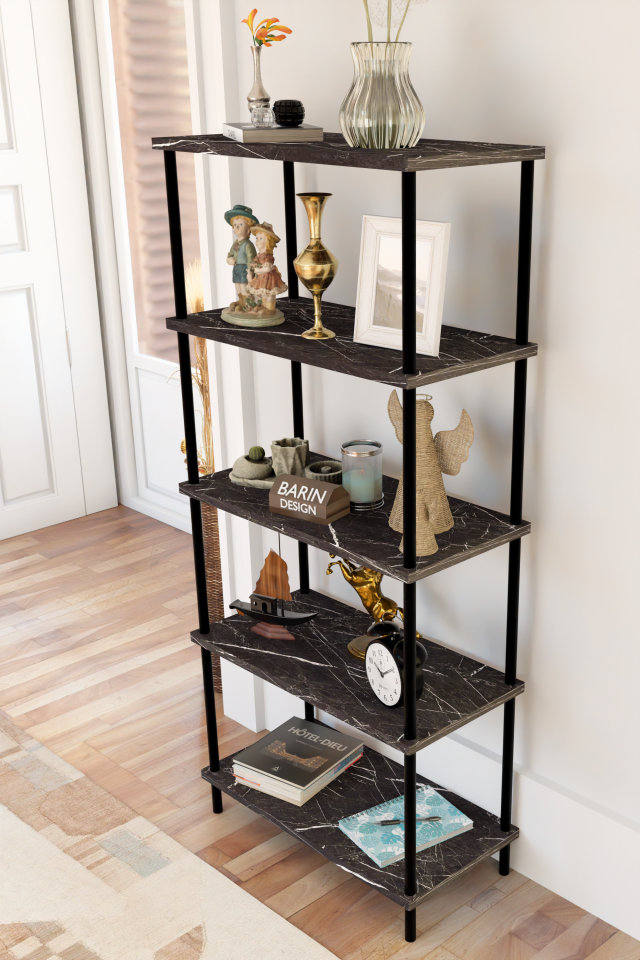 5 Raflı Modern Metal Gövdeli Kitaplık Çevir-Tak Kolay Kurulum Çalışma Odası, Salon, Ofis Kullanımı Siyah Mermer