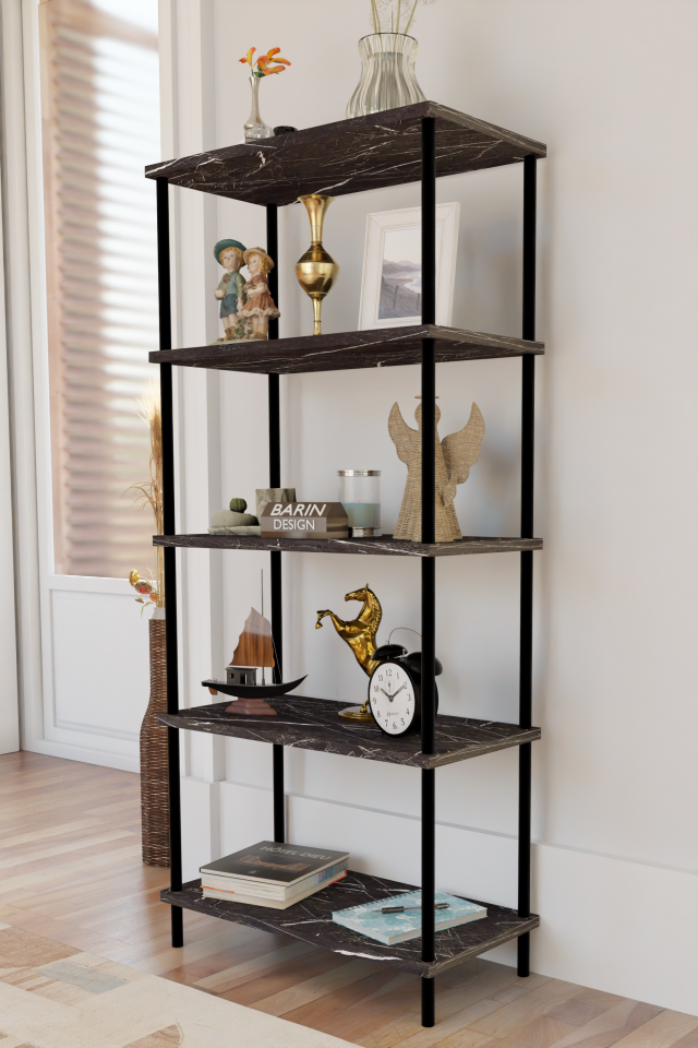 5 Raflı Modern Metal Gövdeli Kitaplık Çevir-Tak Kolay Kurulum Çalışma Odası, Salon, Ofis Kullanımı Siyah Mermer