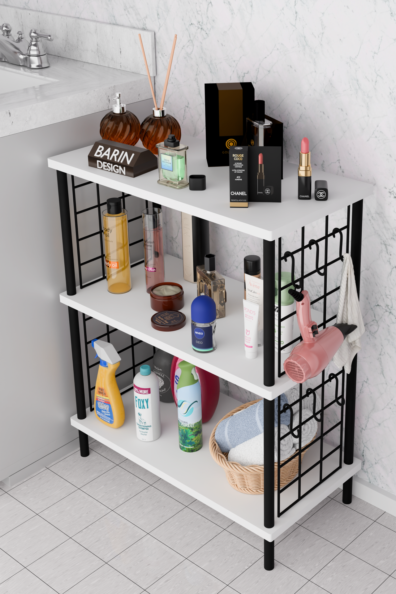 Barın Design 3Raflı Telli Çevir Kur Çok Amaçlı Banyo Rafı Dolabı Metal Gövdeli Organizer Düzenleyici Saklama Rafı Beyaz