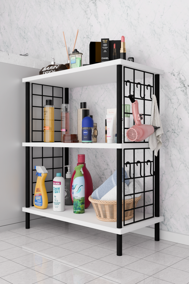 3Raflı Telli Çevir Kur Çok Amaçlı Banyo Rafı Dolabı Metal Gövdeli Organizer Düzenleyici Saklama Rafı Beyaz