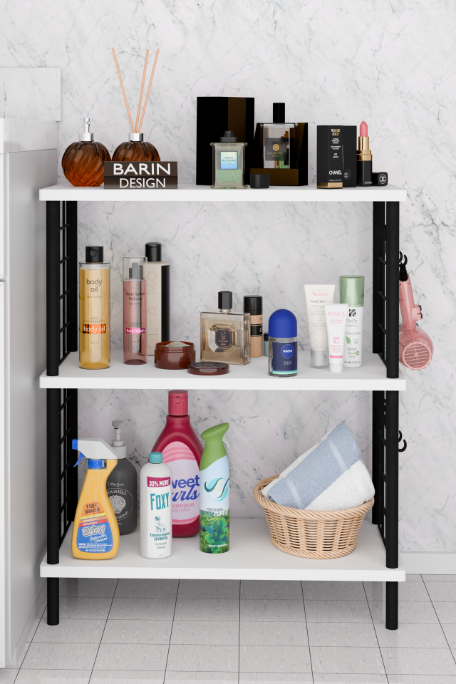 Barın Design 3Raflı Telli Çevir Kur Çok Amaçlı Banyo Rafı Dolabı Metal Gövdeli Organizer Düzenleyici Saklama Rafı Beyaz