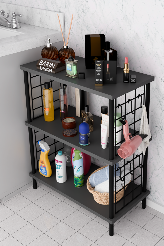 3Raflı Telli Çevir Kur Çok Amaçlı Banyo Rafı Dolabı Metal Gövdeli Organizer Düzenleyici Saklama Rafı Antrasit