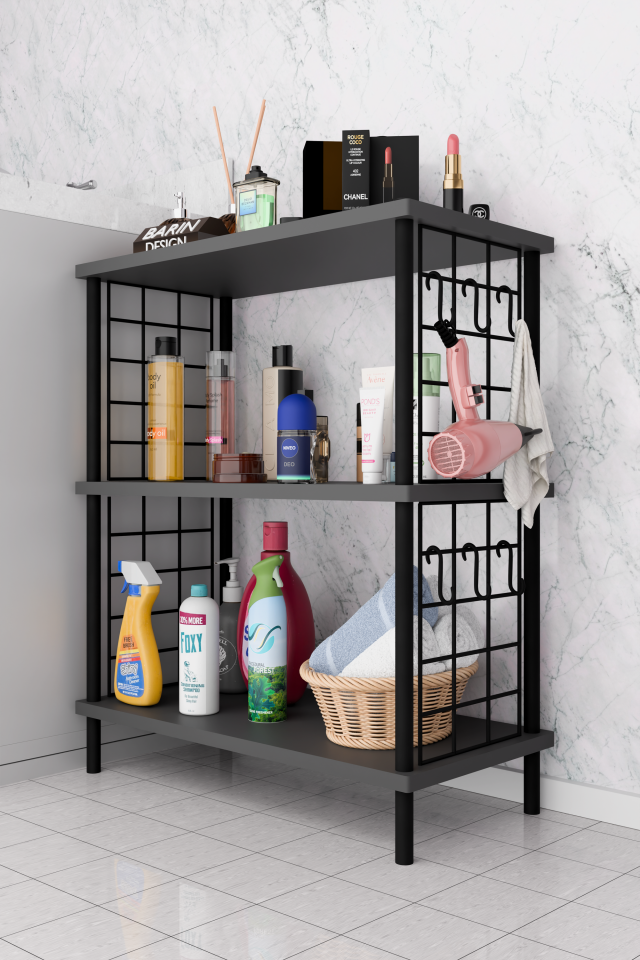 3Raflı Telli Çevir Kur Çok Amaçlı Banyo Rafı Dolabı Metal Gövdeli Organizer Düzenleyici Saklama Rafı Antrasit