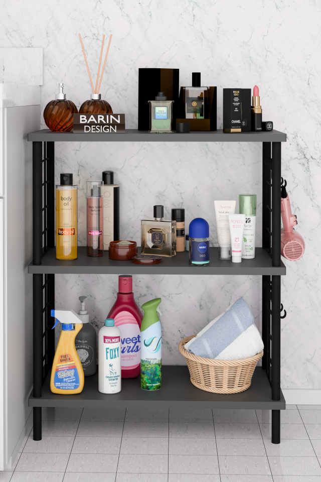 3Raflı Telli Çevir Kur Çok Amaçlı Banyo Rafı Dolabı Metal Gövdeli Organizer Düzenleyici Saklama Rafı Antrasit