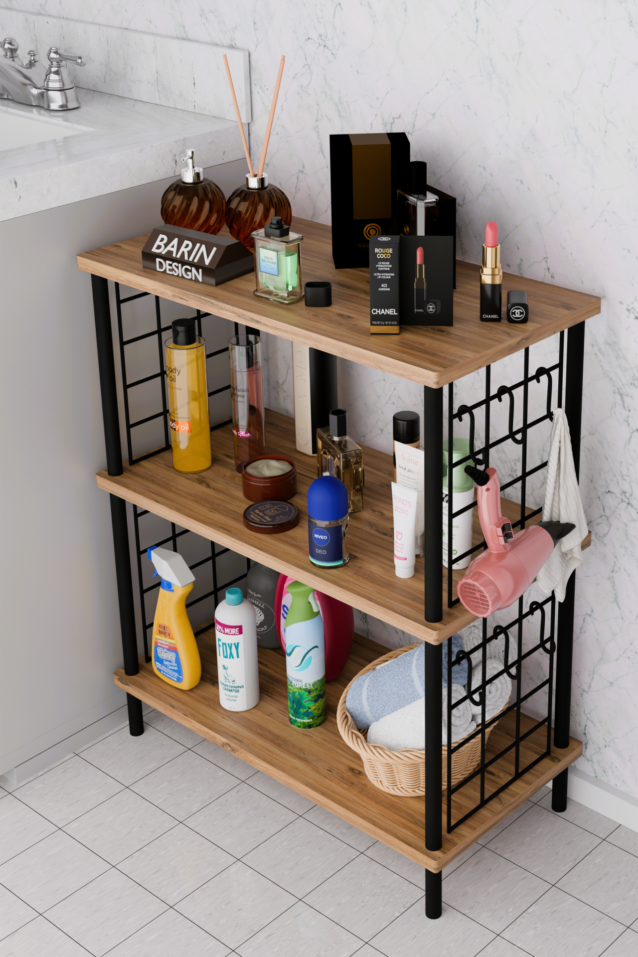 Barın Design 3Raflı Telli Çevir Kur Çok Amaçlı Banyo Rafı Dolabı Metal Gövdeli Organizer Düzenleyici Saklama Rafı Atlantik Çam