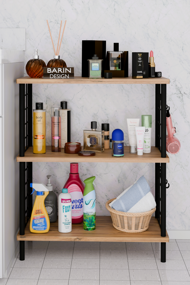 3Raflı Telli Çevir Kur Çok Amaçlı Banyo Rafı Dolabı Metal Gövdeli Organizer Düzenleyici Saklama Rafı Atlantik Çam