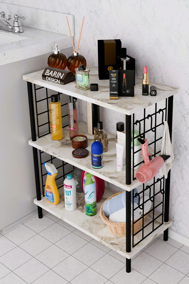 Barın Design 3Raflı Telli Çevir Kur Çok Amaçlı Banyo Rafı Dolabı Metal Gövdeli Organizer Düzenleyici Saklama Rafı Beyaz Mermer