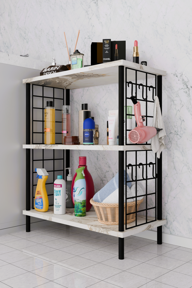 3Raflı Telli Çevir Kur Çok Amaçlı Banyo Rafı Dolabı Metal Gövdeli Organizer Düzenleyici Saklama Rafı Beyaz Mermer