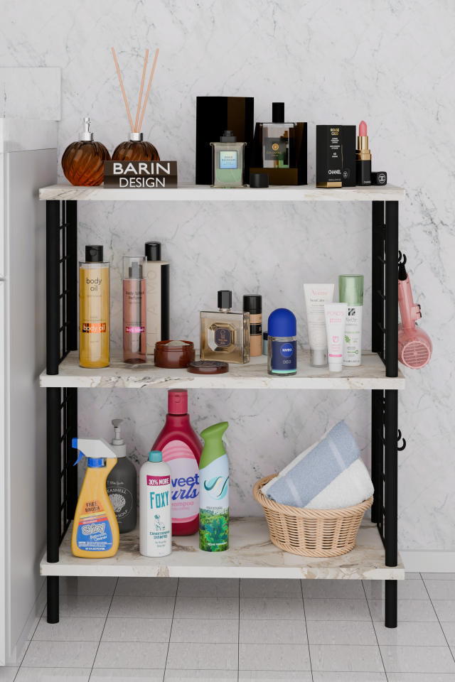 3Raflı Telli Çevir Kur Çok Amaçlı Banyo Rafı Dolabı Metal Gövdeli Organizer Düzenleyici Saklama Rafı Beyaz Mermer