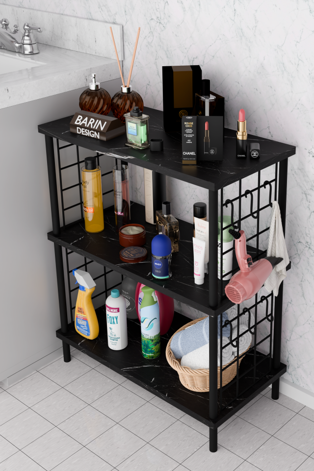 3Raflı Telli Çevir Kur Çok Amaçlı Banyo Rafı Dolabı Metal Gövdeli Organizer Düzenleyici Saklama Rafı Siyah Mermer