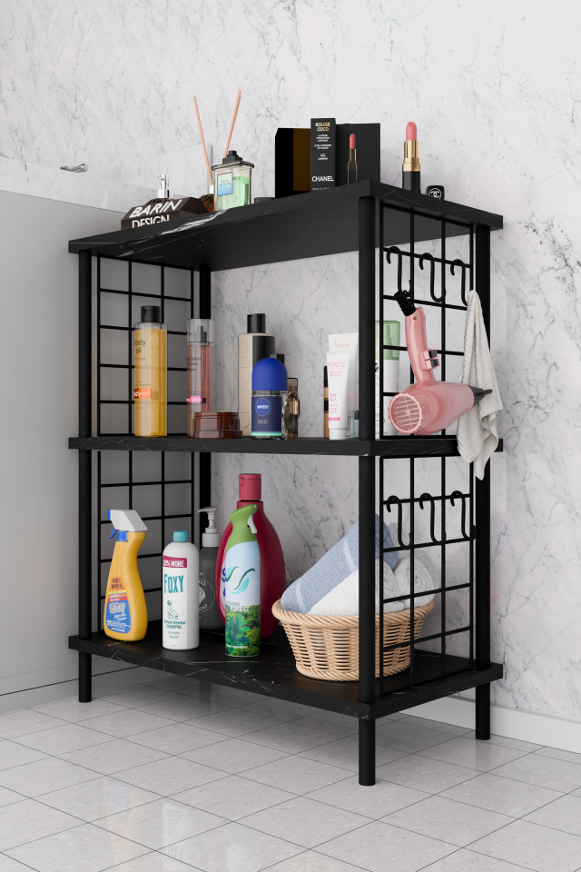 3Raflı Telli Çevir Kur Çok Amaçlı Banyo Rafı Dolabı Metal Gövdeli Organizer Düzenleyici Saklama Rafı Siyah Mermer