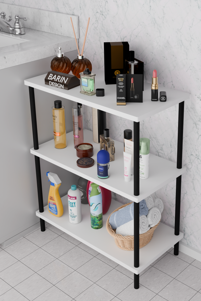 3 Raflı Çevir Kur Banyo Rafı Çok Amaçlı Düzenleyici Açık Raflı Dolap, Metal Gövdeli Organizer Raf Beyaz